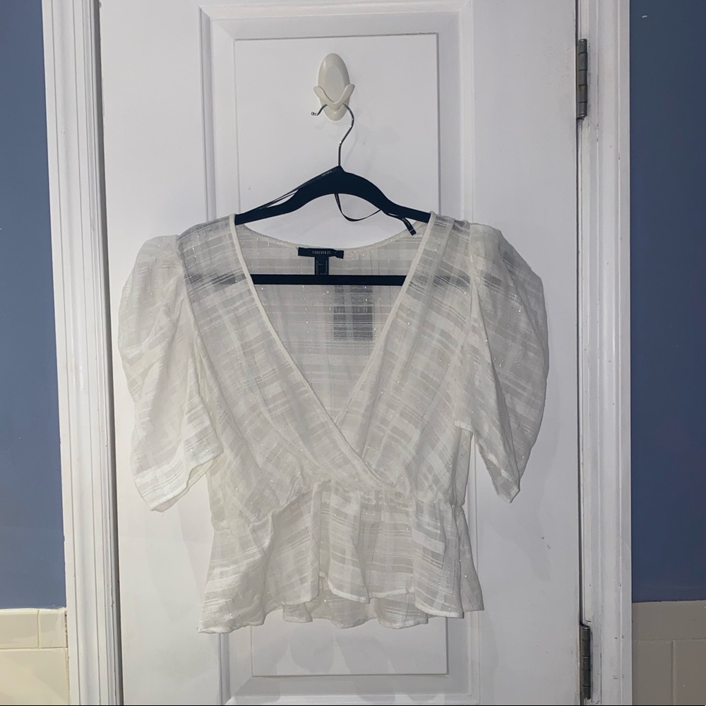 Forever 21 White/Silver/Transparent Peplum Blouse with Puffed Sleeves